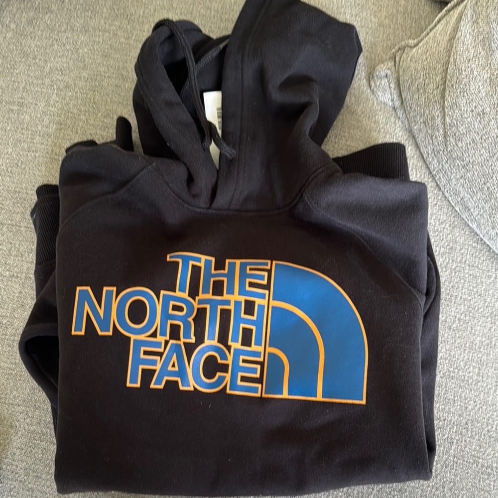 The North Face Black Hoodie with Blue and Orange Logo